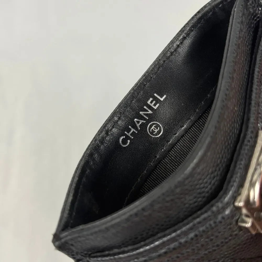 Chanel Boy Card Holder Black Caviar Leather Silver Hardware CC Logo Wallet
